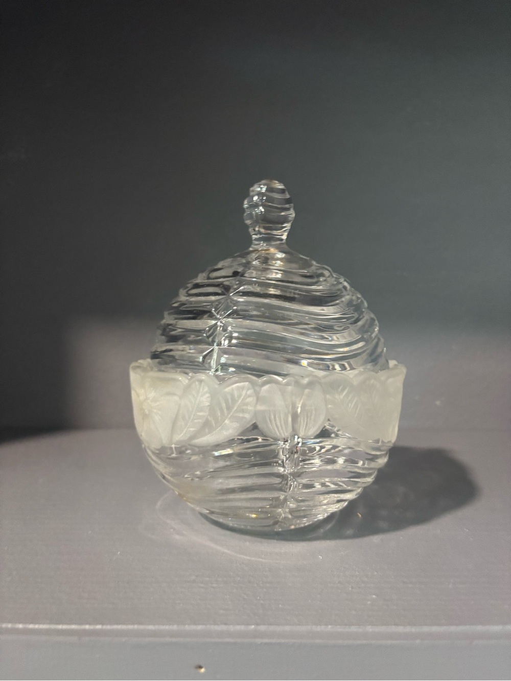 Clear Glass Decorative Lidded Jar with Frosted Leaf Band